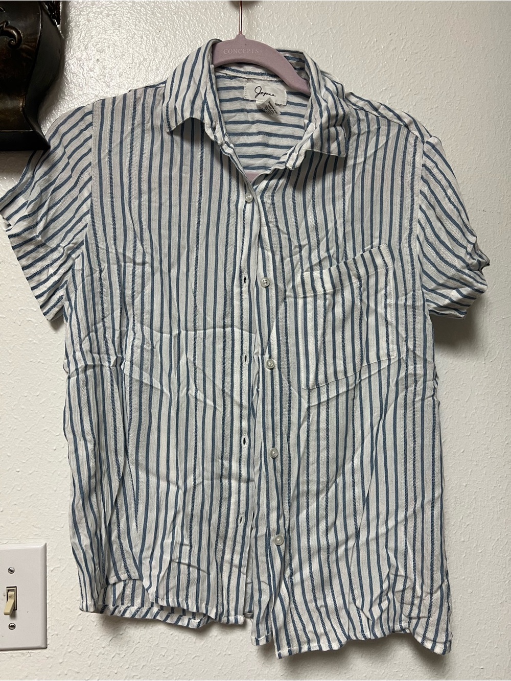 Japna Womens Blue Striped Short-Sleeve Button-Up Shirt